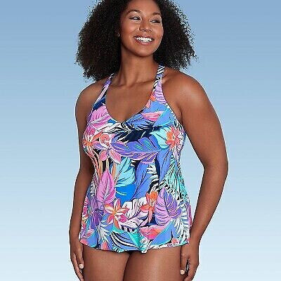 Women's UPF 50 V-Neck Tankini Top - Aqua Green Multi Tropical Print S