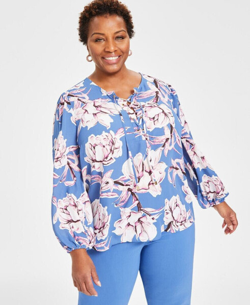 Plus Size Printed Lace-Up Top, Created for Macy's