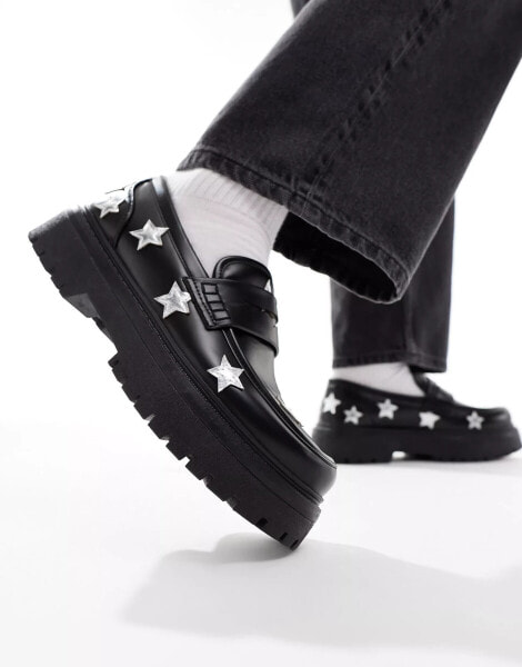 ASOS DESIGN chunky loafers in black with silver stars