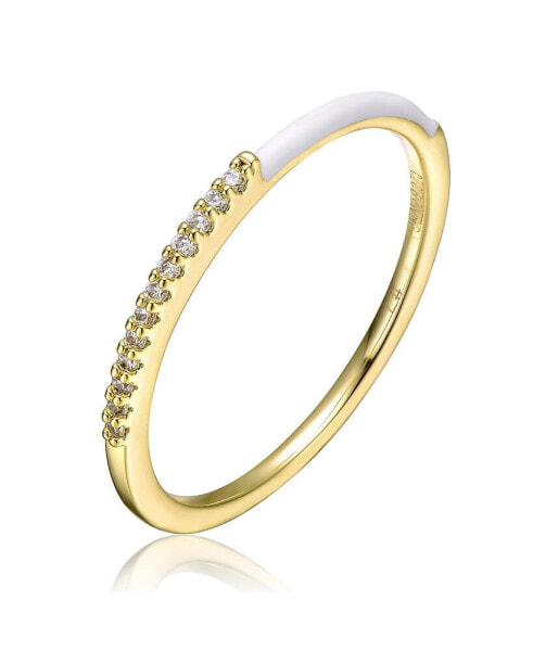 RA Young Adults/Teens 14k Yellow Gold Plated with Cubic Zirconia White Enamel Half & Half Slim Stacking Ring