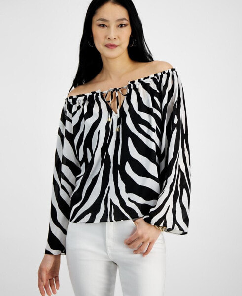 Petite Zebra-Print Off-The-Shoulder Blouse, Created for Macy's