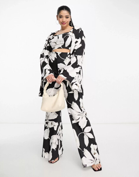 ASOS LUXE Curve co-ord flared suit trouser in black & white floral print