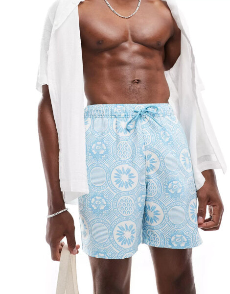 ASOS DESIGN swim shorts in mid length in blue geo print