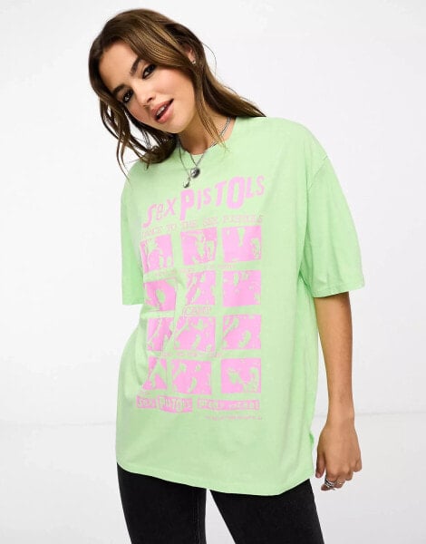 ASOS DESIGN – Oversize-T-Shirt in Grün mit leuchtender „Sex Pistols“-Lizenzgrafik