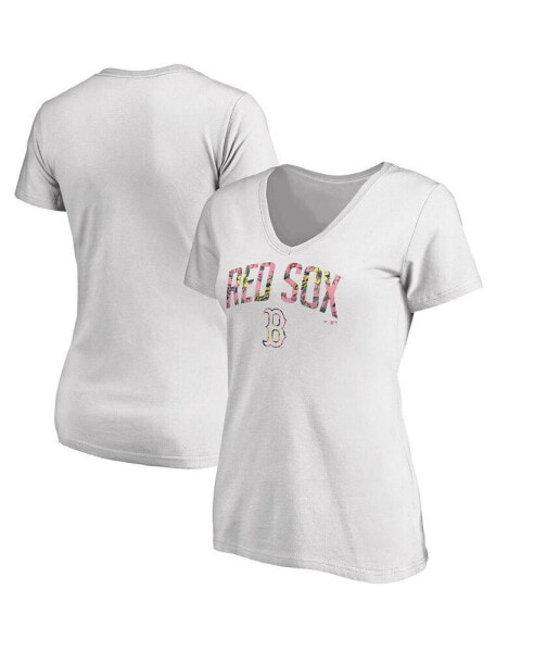 Women's White Boston Red Sox Floral Arched Logo V-Neck T-Shirt