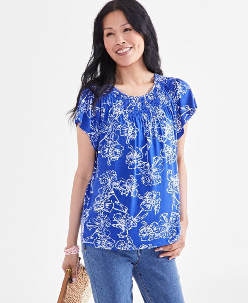 Women's Printed Smocked-Neck Knit Top, Created for Macy's