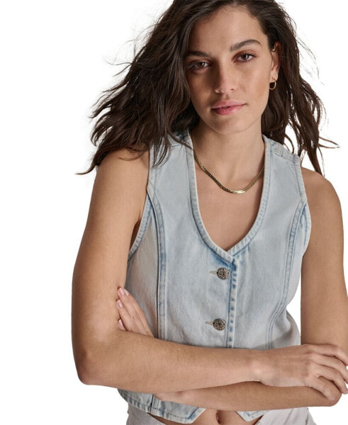 DKNY Women's Denim Cropped Notched-Hem Vest