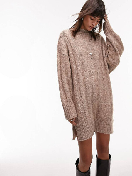 Topshop knitted oversized funnel neck wide rib mini dress in mushroom