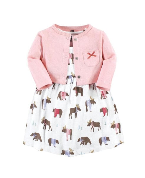 Baby Girls Cotton Dress and Cardigan Set, Pink Moose Bear