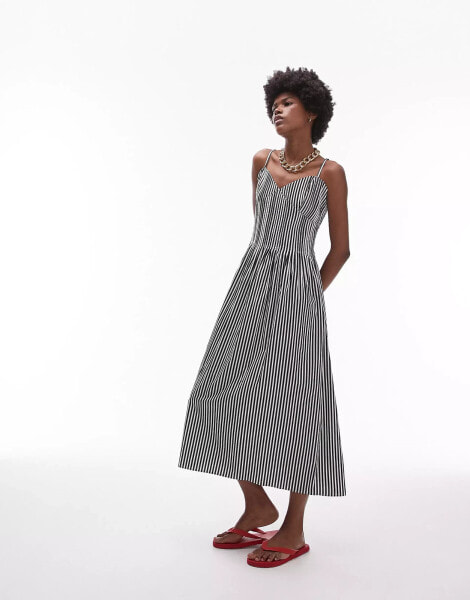 Topshop strappy pleated midi sundress in mono stripe