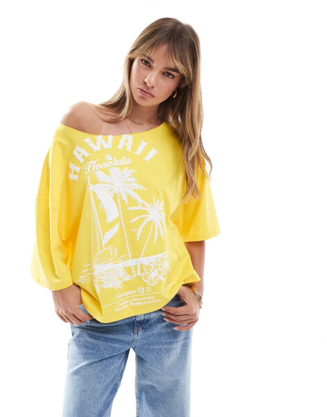 ASOS DESIGN relaxed off shoulder t-shirt with hawaii graphic in yellow