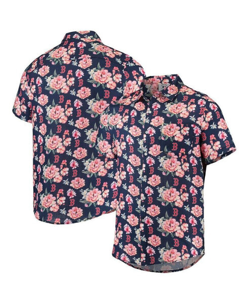 Рубашка мужская FOCO сине-бордовая с цветочным узором из льна