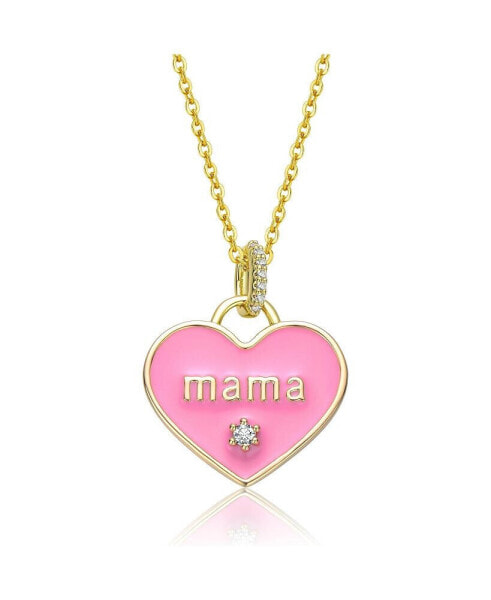 Kids 14k Yellow Gold Plated with Cubic Zirconia MAMA Pink Enamel Heart Pendant Layering Necklace