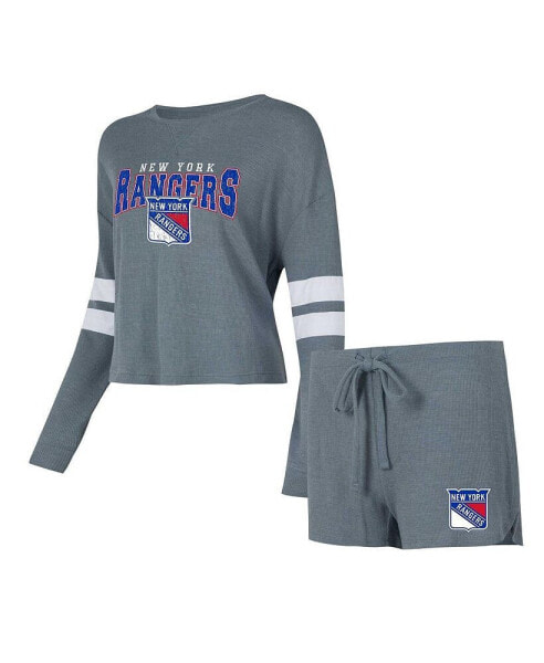 Women's Gray Distressed New York Rangers Meadow Long Sleeve T-shirt and Shorts Sleep Set