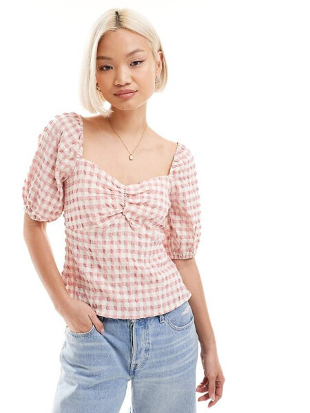 Lipsy sweetheart neckline woven top in pink gingham