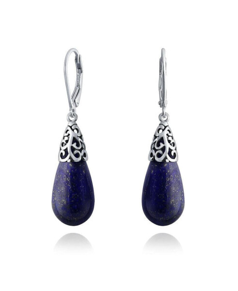 Western Style Gemstone Blue Lapis Lazuli Elongated Teardrop Filigree Lever Back Dangle Earrings For Women.925 Sterling Silver