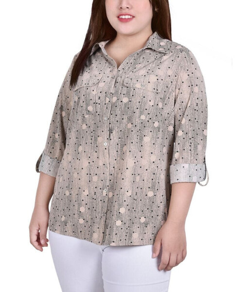 Plus Size 3/4 Sleeve Roll Tab Notch Collar Blouse