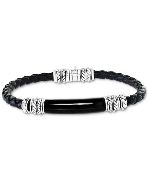 EFFY® Men's Onyx Black Leather Braided Bracelet in Sterling Silver