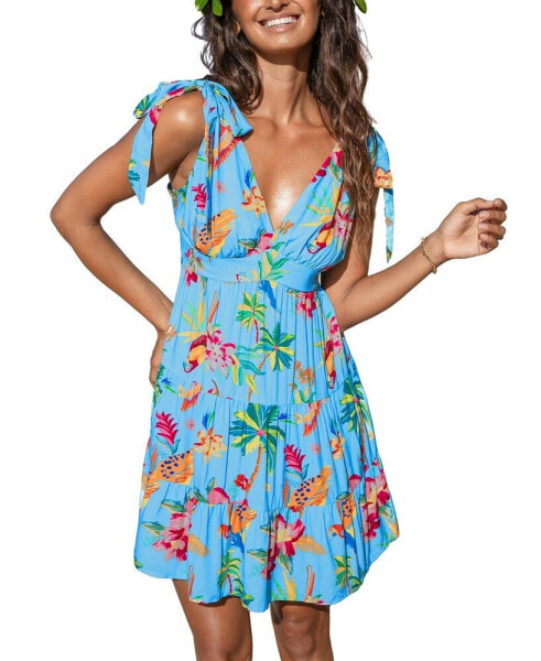 Women's Parrot and Palm Bright Tropical Mini Beach Dress