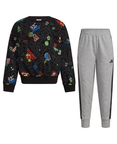 Toddler Boys Long Sleeve Printed Crewneck Pullover and Joggers, 2 Piece Set