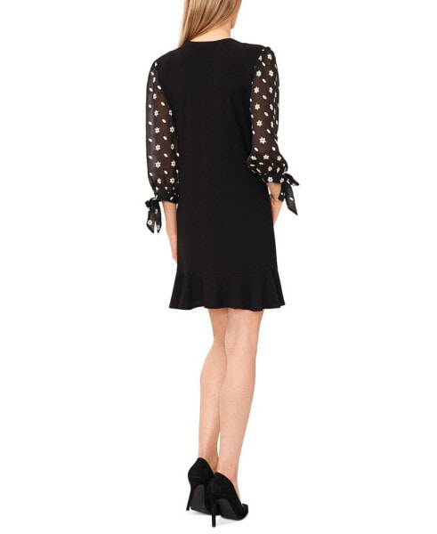 Women's Long Sleeve Mixed-Media Tie-Sleeve Dress