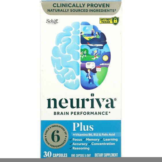 Витамины для мозга Schiff Neuriva Brain Health, плюс витамины B6, B12 и фолиевая кислота, 30 капсул