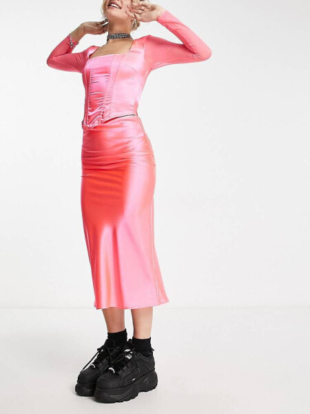 COLLUSION satin slip maxi skirt co ord in pink