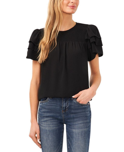 Women's Smocked Yoke Tiered Flutter-Sleeve Blouse