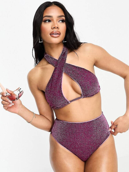 ASOS DESIGN mix and match glitter cross neck halter bikini top in pink 