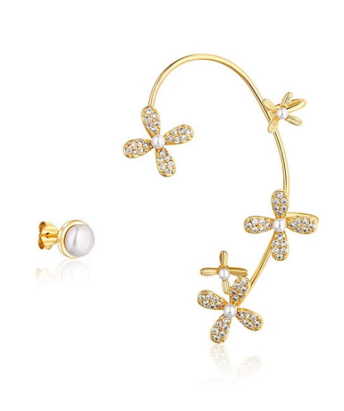 Gold-plated asymmetric earrings with pearls and zircons - left ear JL0776