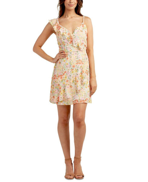 Juniors' Printed Asymmetric Ruffle Strap Dress