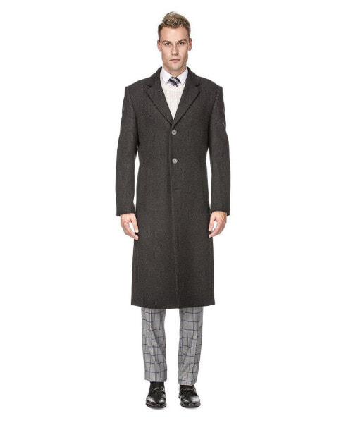 Men's Knee Length Wool Blend Three Button Long Jacket Overcoat Top Coat