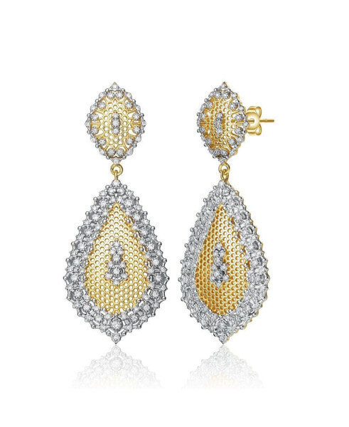Paved White Gold and 14K Gold Plated Cubic Zirconia Drop Earrings