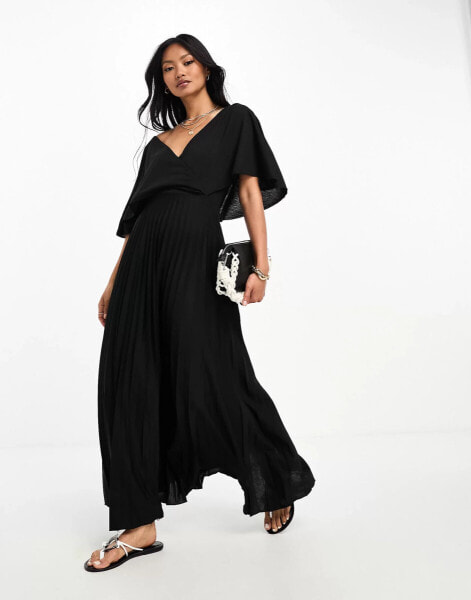 ASOS DESIGN – Midi-Wickelkleid in Schwarz mit Flatterärmeln und Faltenrock