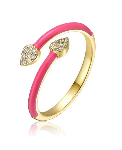 RA Young Adults/Teens 14k Yellow Gold Plated with Cubic Zirconia Bypass Magenta Pink Enamel Stacking Ring