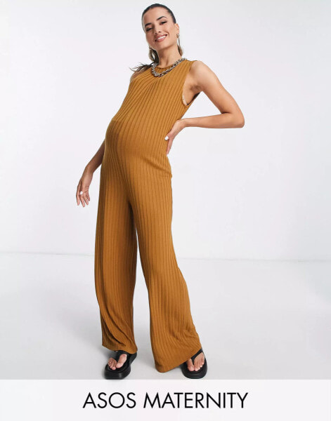 ASOS DESIGN Maternity rib sleeveless smock jumpsuit in tobacco