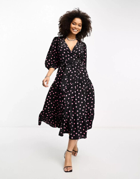 Glamorous baloon sleeve wrap midi dress in black pink spot