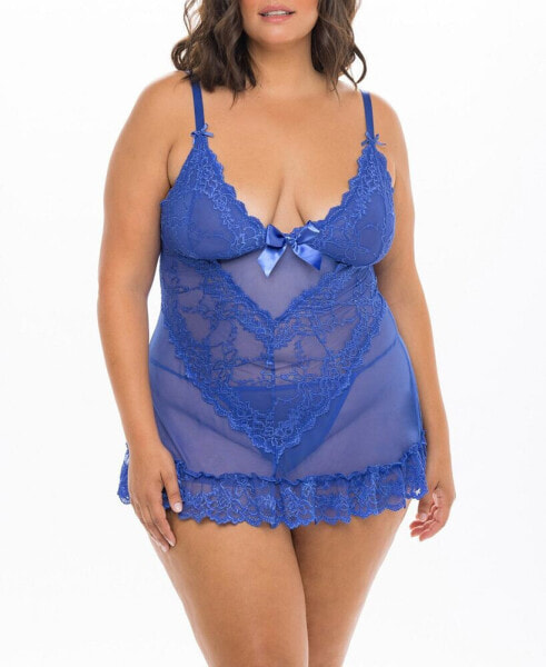 Plus Size Soft Cup Lacey Baby doll with Bows and G-String, 2 Piece