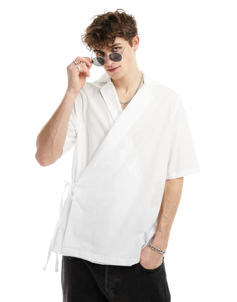 ASOS DESIGN relaxed revere tie side shirt in white