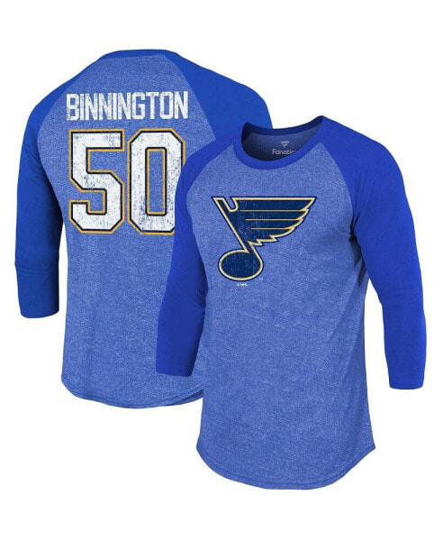 Men's Jordan Binnington Blue St. Louis Blues Name and Number Tri-Blend Raglan 3/4-Sleeve T-shirt