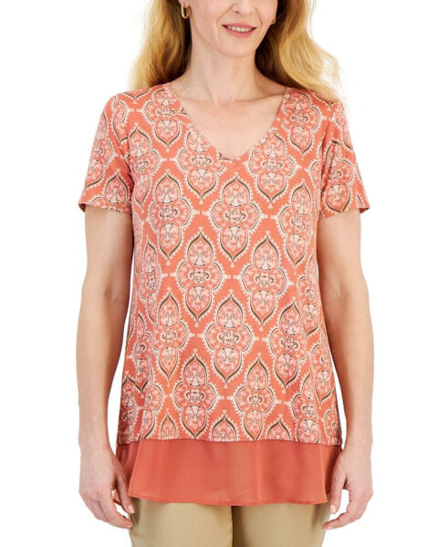 Women's Printed Short Sleeve V-Neck Twofer Top, Created for Macy's