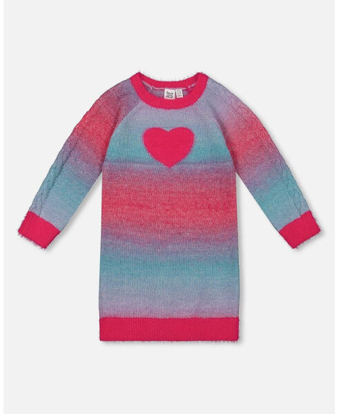 Girl Knit Dress With Heart Gradient Candy Pink And Blue - Child