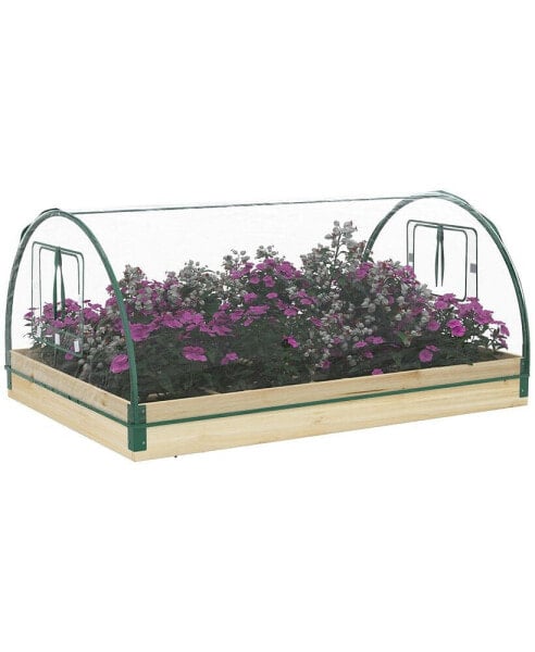 4' x 3' x 2' Raised Garden Bed with Greenhouse, Wooden Planter Box with PVC Plant Cover, Roll Up Windows, Dual Use for Vegetables, Flowers, Natural