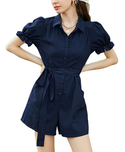 Women's Blue Collared Button-Up Romper