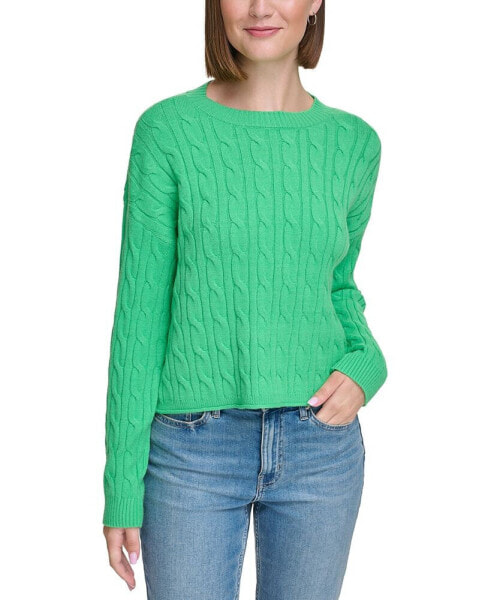 Women's Lightweight Cable Knit Cropped Long Sleeve Crewneck Sweater