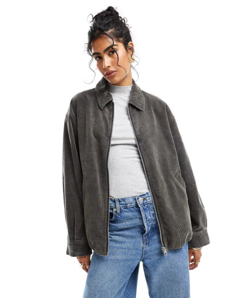 ASOS DESIGN cord washed harrington jacket in charcoal