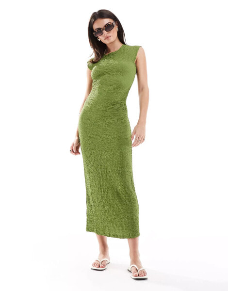 Mango cap sleeve texture midi dress in green