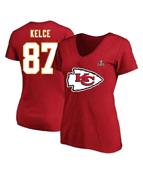 Women's Travis Kelce Red Kansas City Chiefs Super Bowl LVIII Plus Size Name and Number V-Neck T-shirt