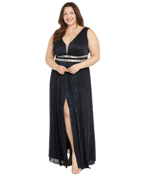 Plus Size Metallic Beaded-Waist Gown