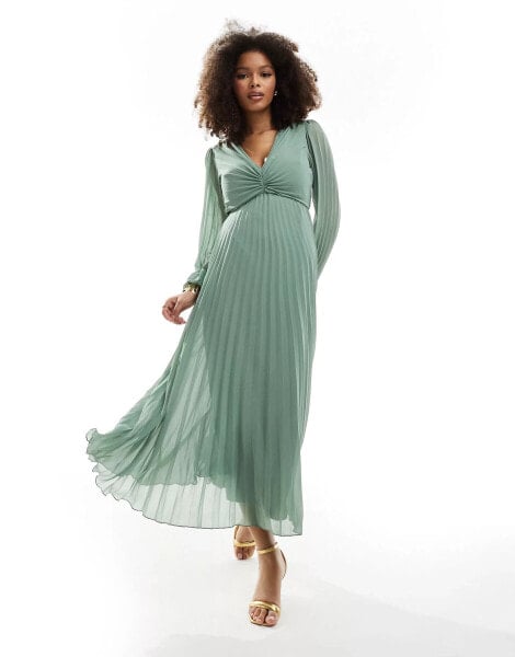 ASOS DESIGN pleated bodice plunge neck midi dress in sage green